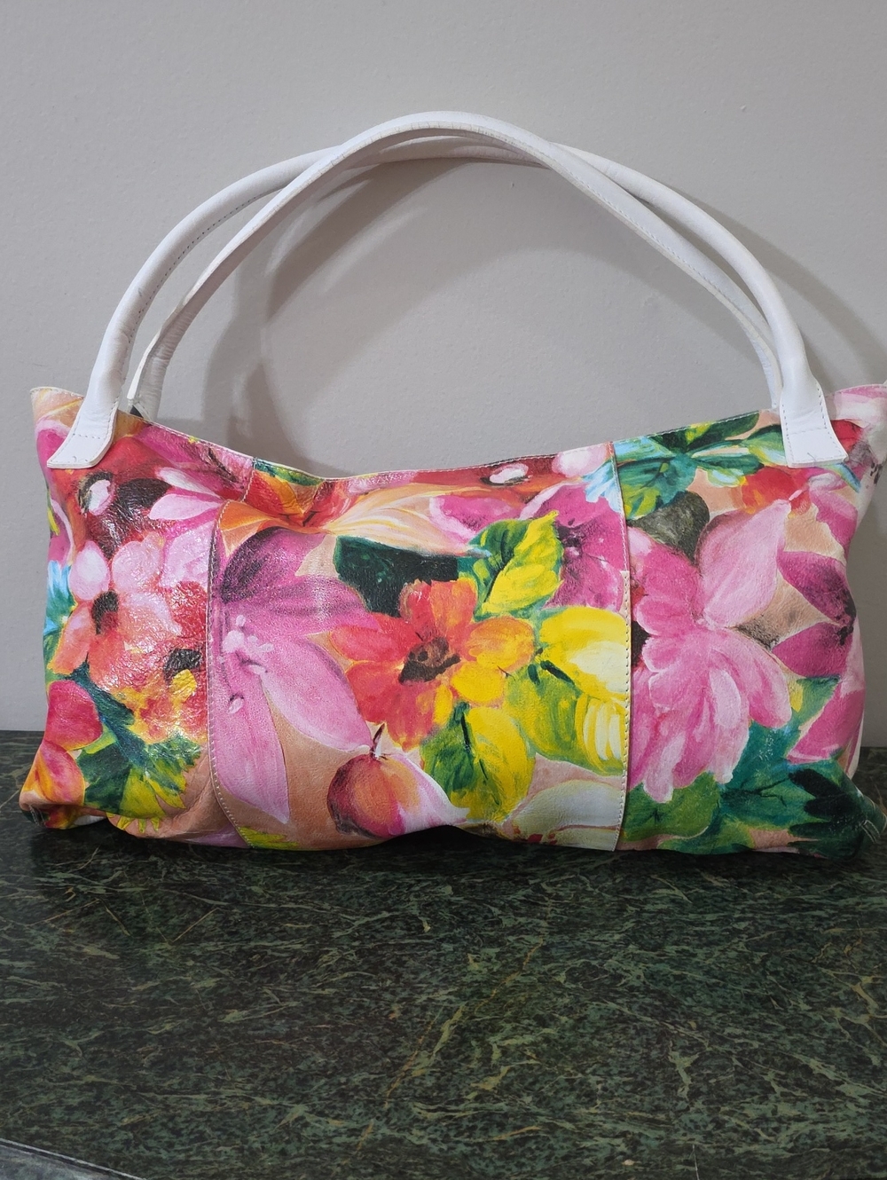 LEATHER Floral Print White-Handle Women's Shoulder Bag